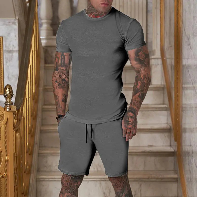 Men's Solid Color Short Sleeve T-Shirt and Shorts Set