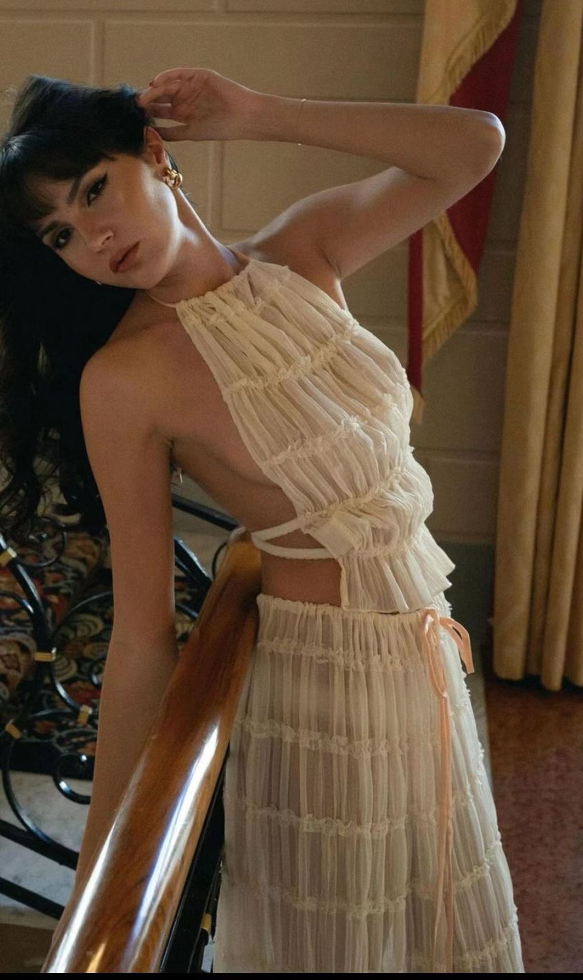 2pcs Women's Dress Suit Sexy Sleeveless Backless Cropped Halter Top And Pleated Long Skirt Beach Clothing - Dakdouksson