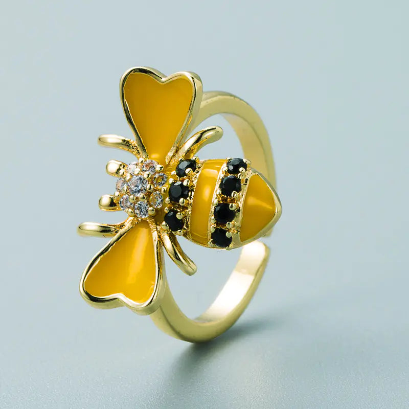 Copper Plated Gold Inlaid Zircon Bee Ring