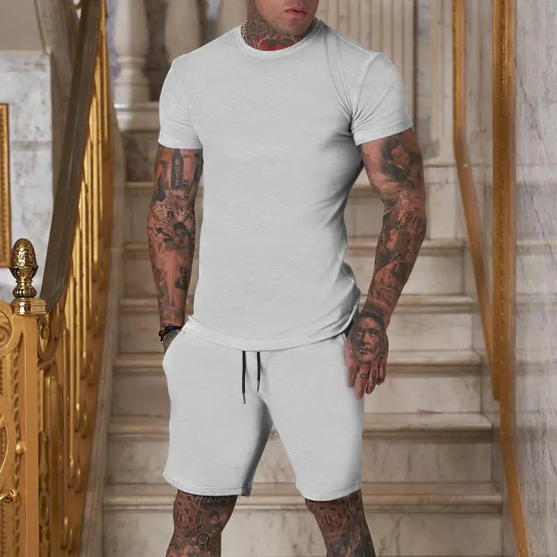 Men's Solid Color Short Sleeve T-Shirt and Shorts Set