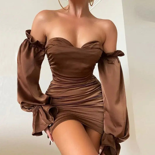 Solid Color Off-Shoulder Lantern Sleeve Dress