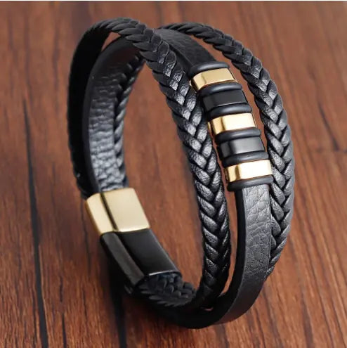 Men's Multi-Layer Braided Leather Bracelet in Stainless Steel