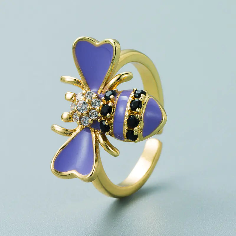 Copper Plated Gold Inlaid Zircon Bee Ring
