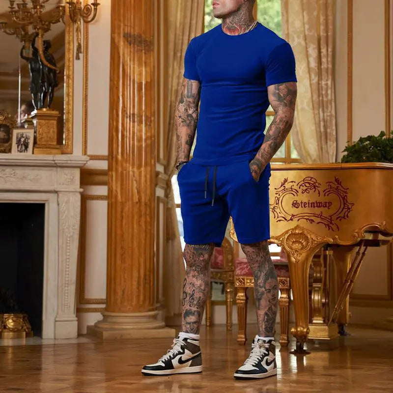 Men's Solid Color Short Sleeve T-Shirt and Shorts Set