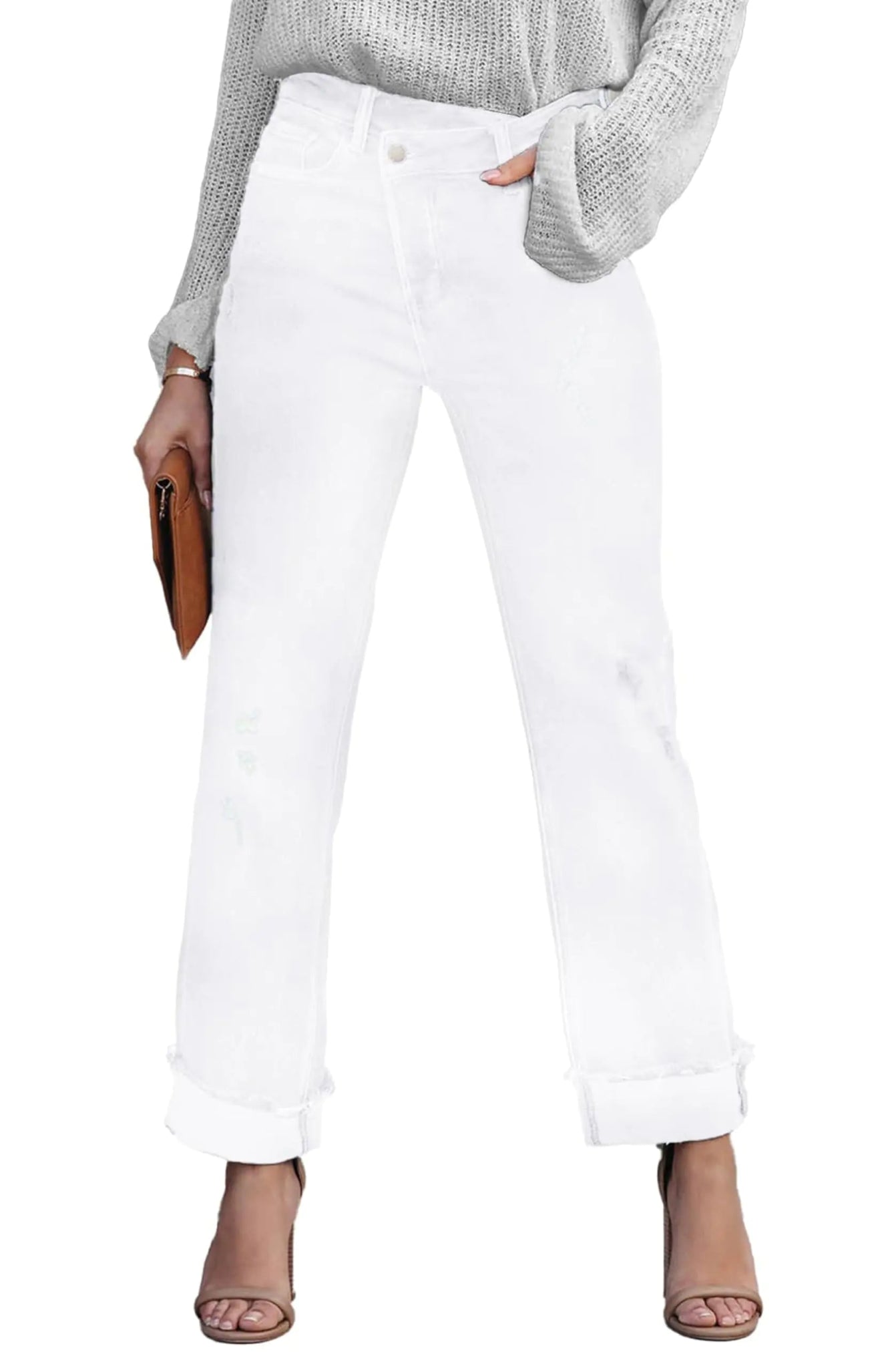 AIIYYQB Womens Boyfriend Jeans High Waisted Distressed Ripped Crossover Cuffed Straight Leg Denim Pants - Dakdouksson