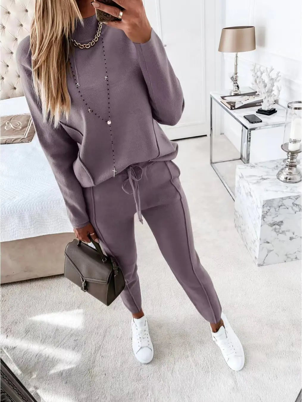 Autumn Winter Women's High Neck Hoodie & Pants Set - Dakdouksson