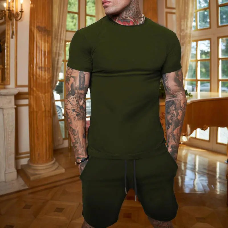 Men's Solid Color Short Sleeve T-Shirt and Shorts Set