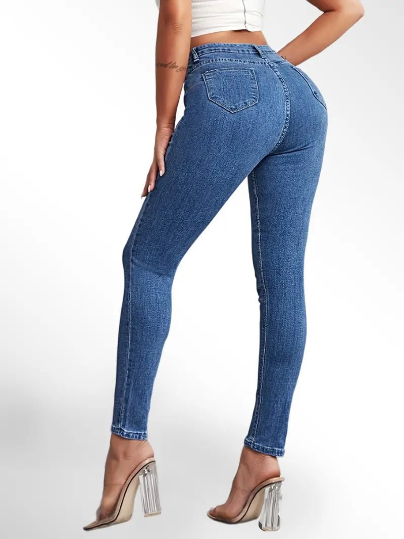 Blue High Waist Skinny Jeans with Slash Pockets - Dakdouksson