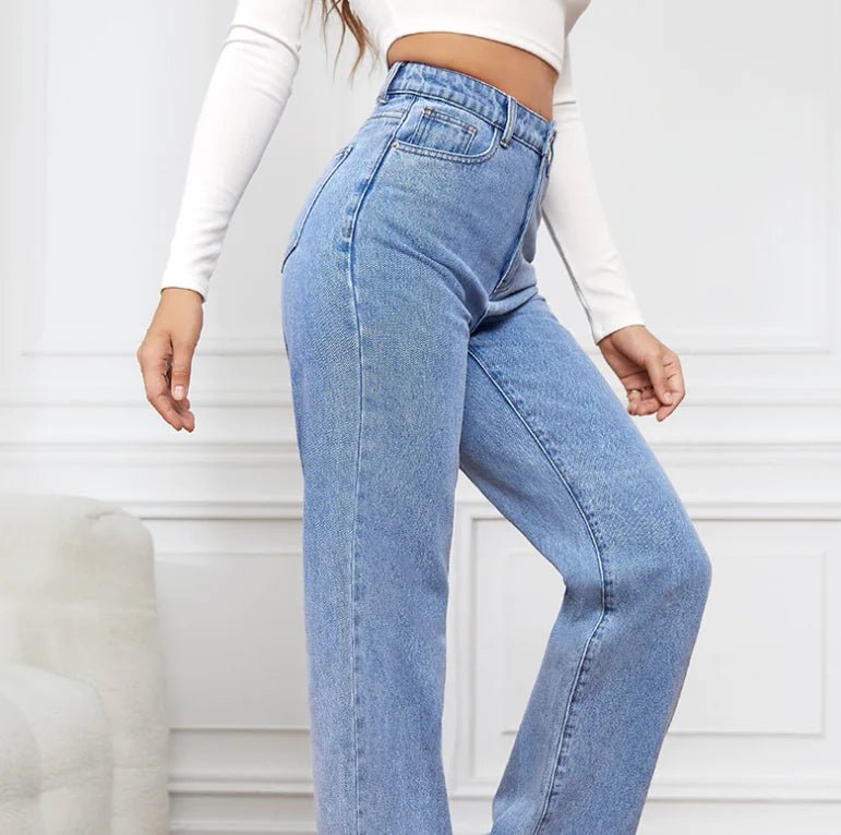 Blue High Waist Straight Jeans with Slash Pockets - Dakdouksson