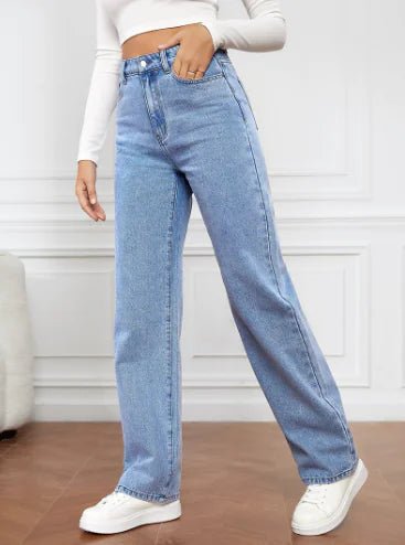 Blue High Waist Straight Jeans with Slash Pockets - Dakdouksson