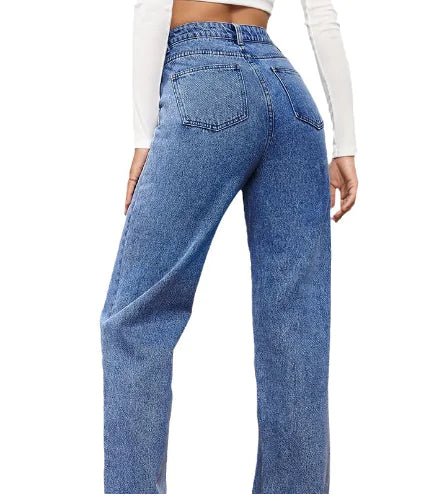 Blue High Waist Straight Jeans with Slash Pockets - Dakdouksson