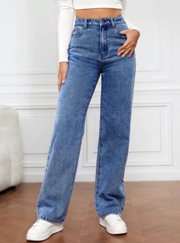 Blue High Waist Straight Jeans with Slash Pockets - Dakdouksson