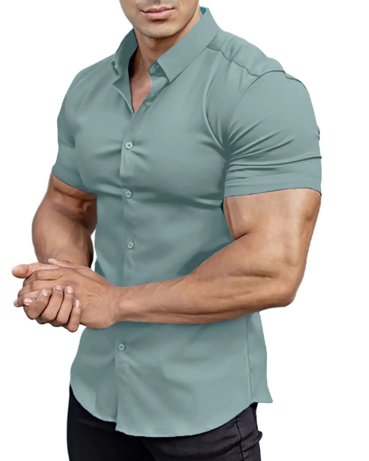 Casual Mens Muscle Fit Dress Shirts Short Sleeve Athletic Fit Button Down Shirts Light Green L - Dakdouksson