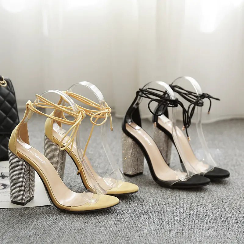 Chunky Sandals, Transparent Heels, Rhinestone High Heels - Dakdouksson