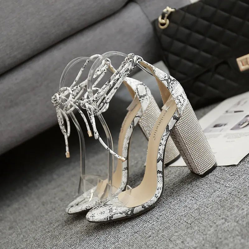 Chunky Sandals, Transparent Heels, Rhinestone High Heels - Dakdouksson