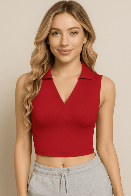 CLOZOZ Womens Tank Tops Polo Crop Top V Neck Ribbed Sleeveless Tops Collar Shirts Womens Crop Tops Polo Cropped Tank Trendy Red - Dakdouksson