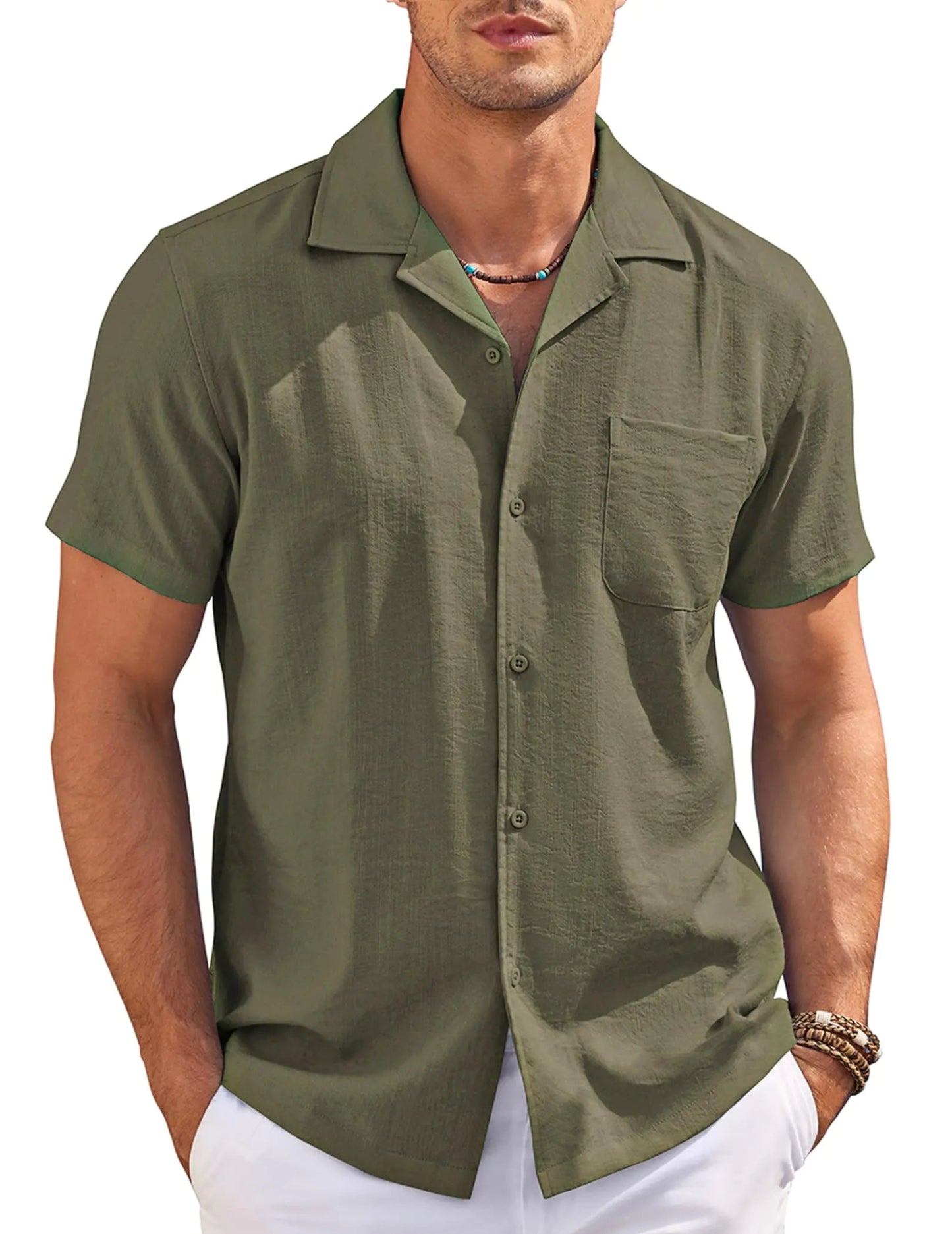COOFANDY Men Summer Beach Shirts Short Sleeve Button Up Shirt Loose Fit Cuban Camp Tops Army Green - Dakdouksson