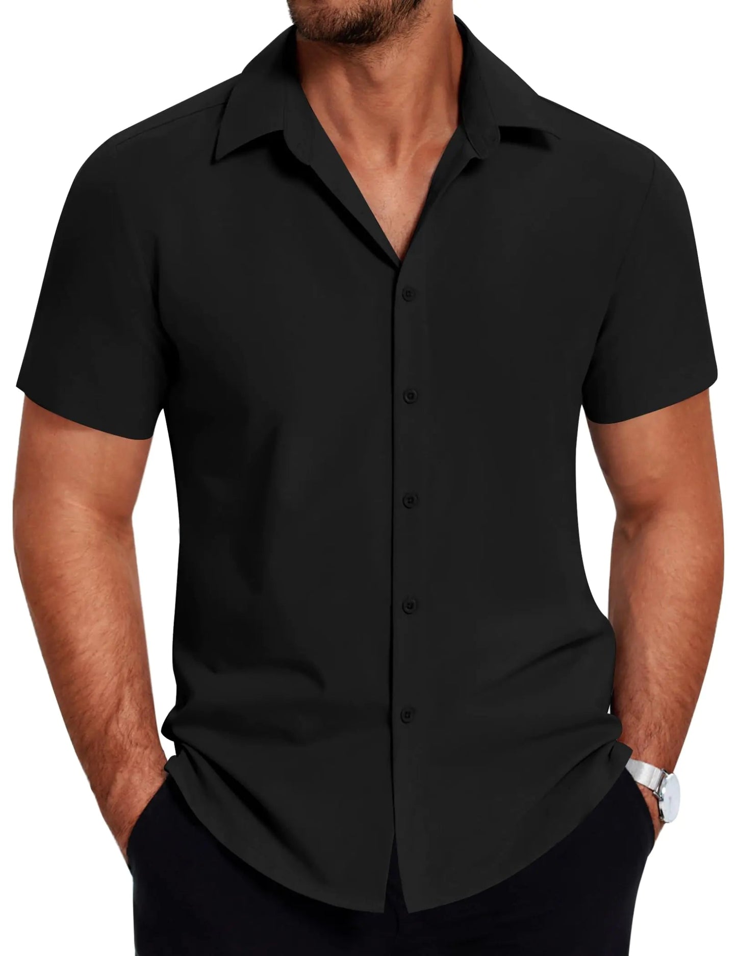 COOFANDY Mens Wrinkle Free Shirts Short Sleeve Button Down Regular Fit Shirts Black - Dakdouksson