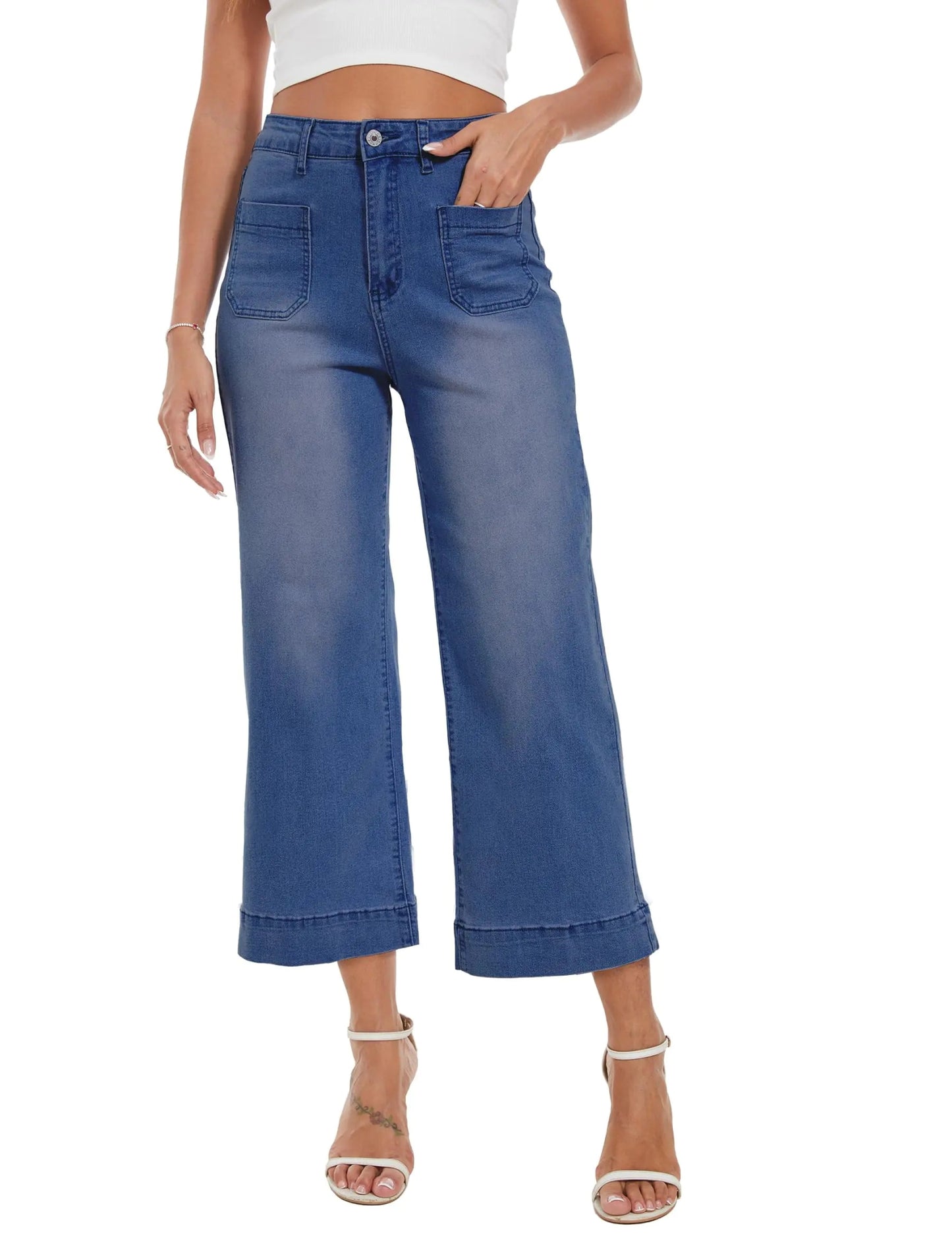 DAOAO Wide Leg Jeans for Women Trendy High Waisted Flare Jeans Cropped Pants Stretchy Baggy Blue S - Dakdouksson