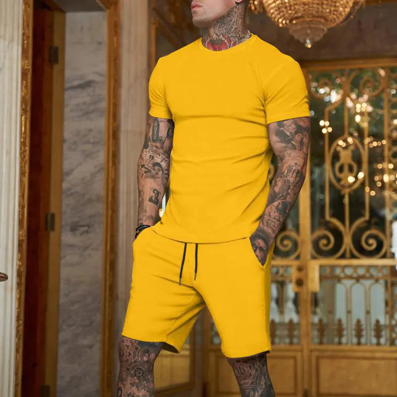 Men's Solid Color Short Sleeve T-Shirt and Shorts Set