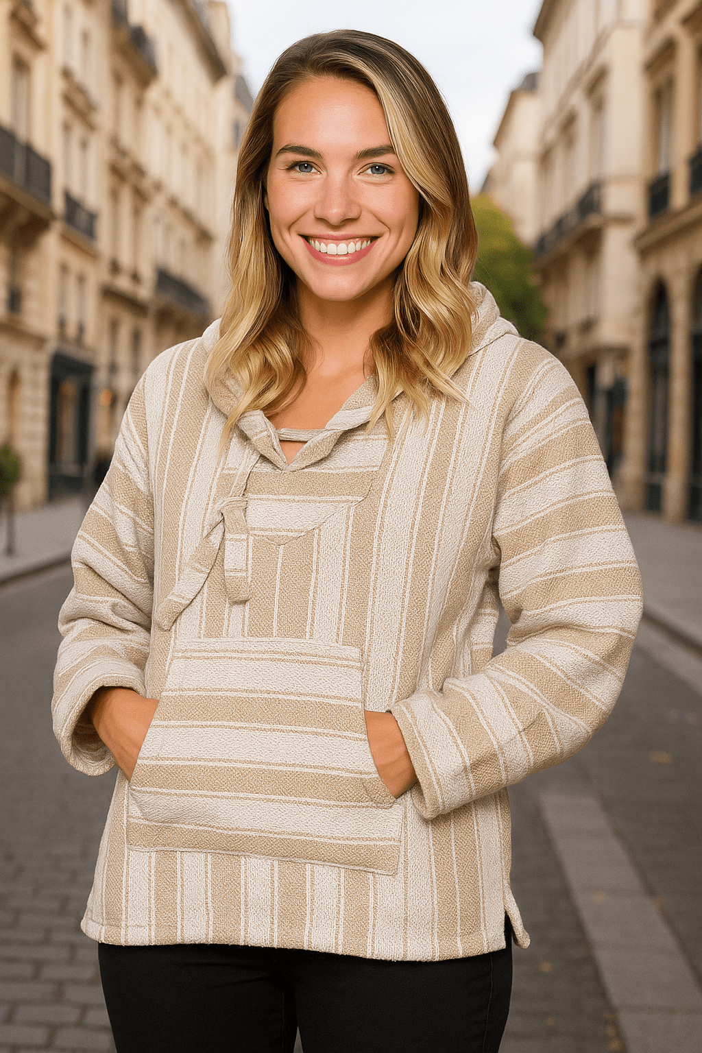 El Paso Designs (TM Classic Mexican Baja Hoodie Pullover Poncho (Large Beige) - Dakdouksson