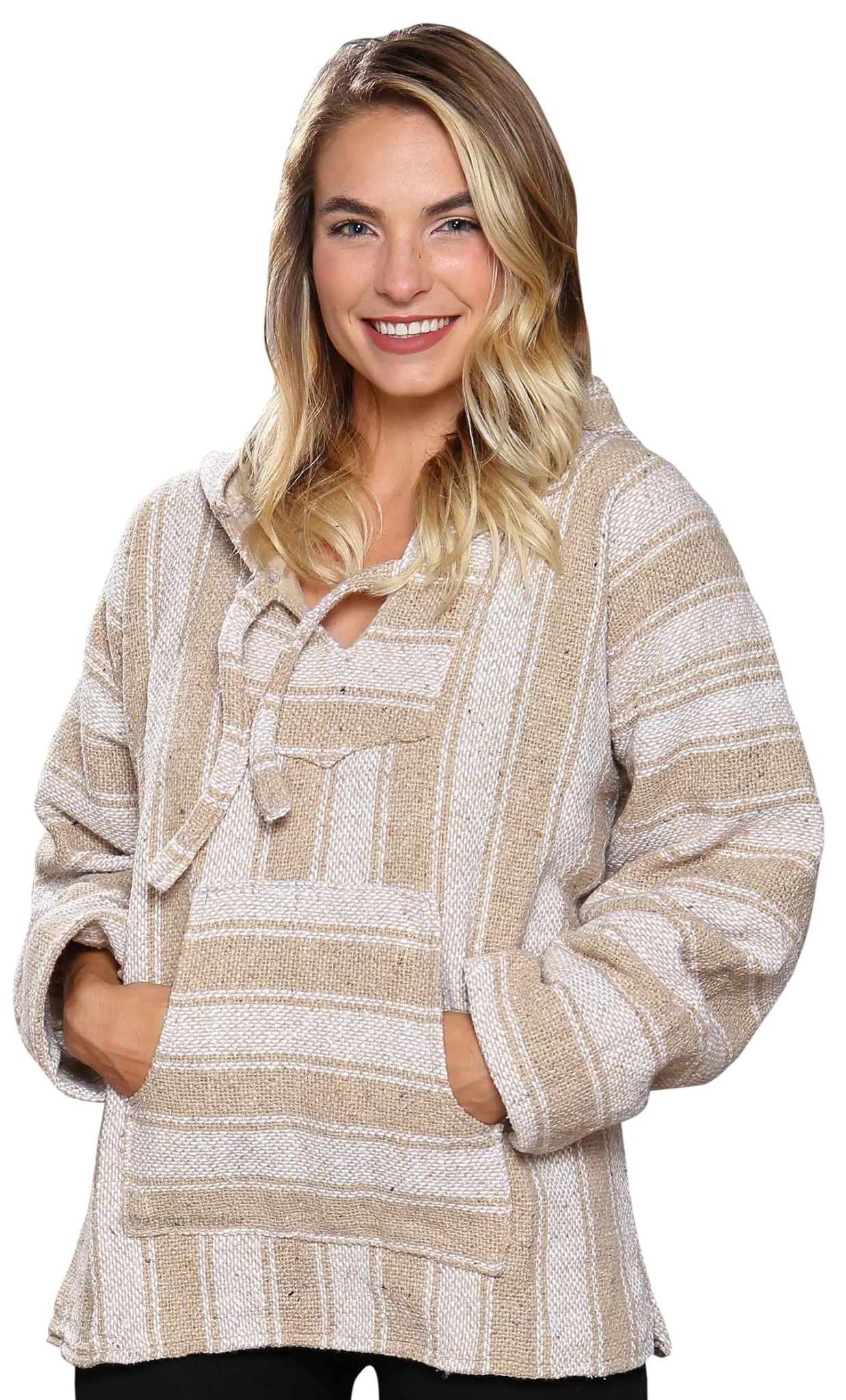 El Paso Designs (TM Classic Mexican Baja Hoodie Pullover Poncho (Large Beige) - Dakdouksson