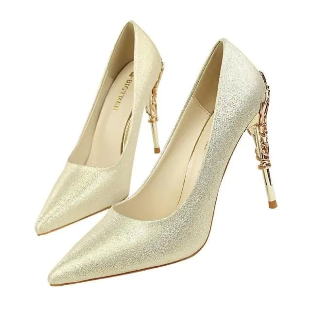 Embroidered Metal Spring Pointed Toe Suede Heels - Dakdouksson