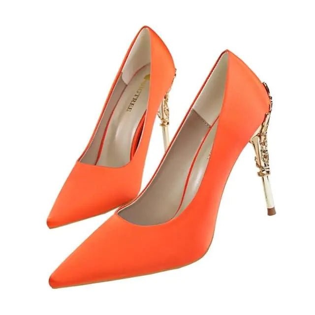 Embroidered Metal Spring Pointed Toe Suede Heels - Dakdouksson