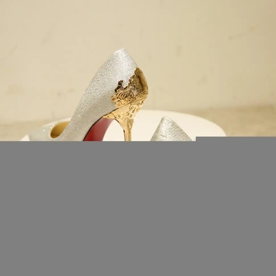 Embroidered Metal Spring Pointed Toe Suede Heels - Dakdouksson