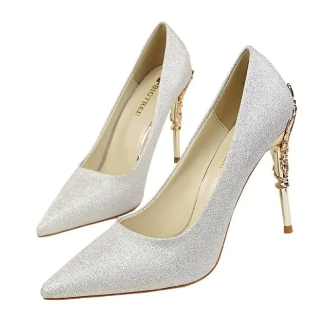 Embroidered Metal Spring Pointed Toe Suede Heels - Dakdouksson