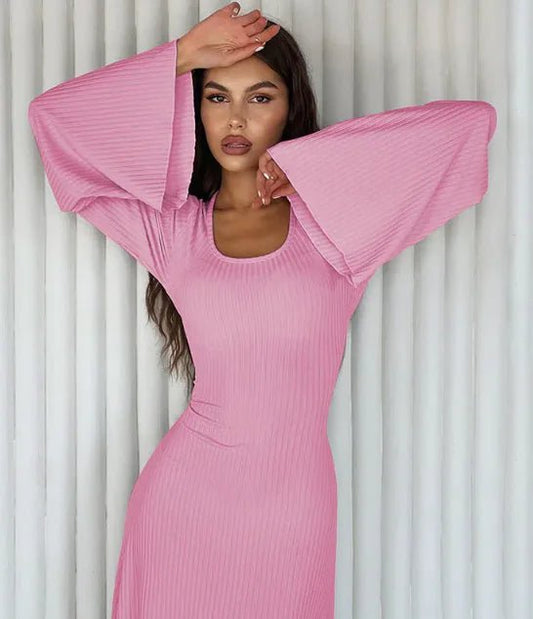 Fashion U - neck Dress Back Lace - up Long Bell Sleeve Dresses Women - Dakdouksson