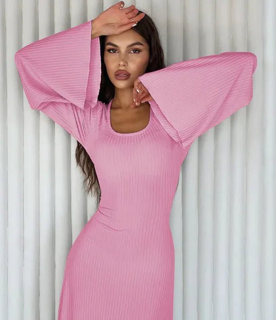 Fashion U - neck Dress Back Lace - up Long Bell Sleeve Dresses Women - Dakdouksson