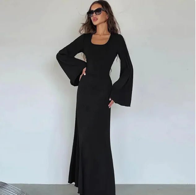 Fashion U - neck Dress Back Lace - up Long Bell Sleeve Dresses Women - Dakdouksson