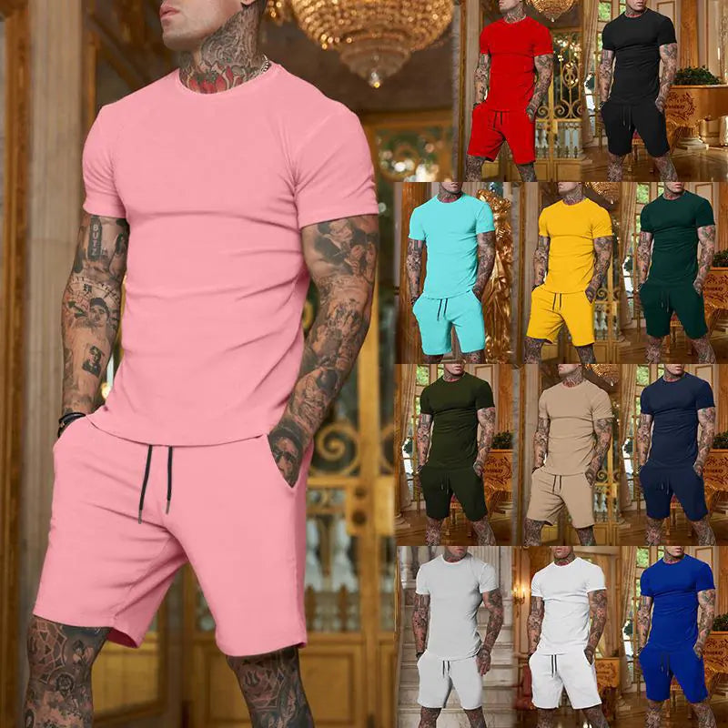 Men's Solid Color Short Sleeve T-Shirt and Shorts Set