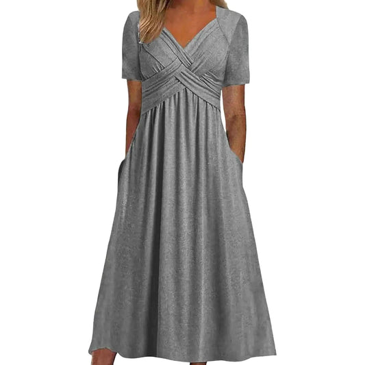Generic Womens Boho Floral Flowy A Line Midi Dress Casual Loose Summer Short Sleeve Beach Vacation Dresses with Pockets Womens 2024 Floral Summer Long Midi Dress Boho Pleated Dresses 03 - Grey Small - Dakdouksson