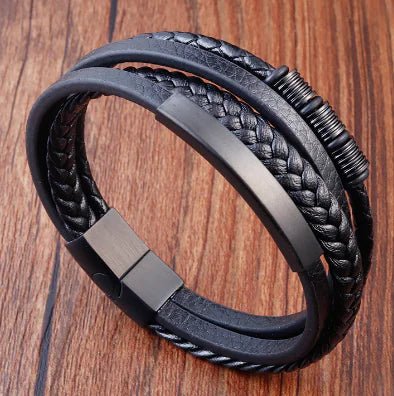 Genuine Leather Multi - layer Stainless Steel Men's Bracelet - Dakdouksson