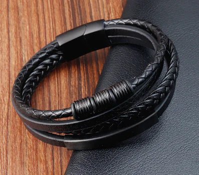 Genuine Leather Multi - layer Stainless Steel Men's Bracelet - Dakdouksson