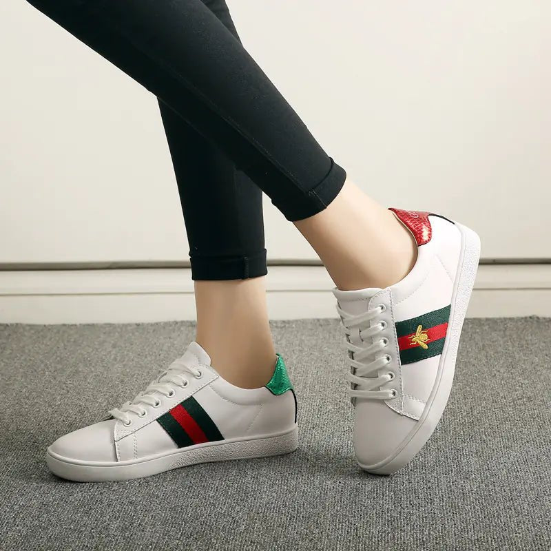 Genuine Leather White Sneakers with Bee Embroidery - Dakdouksson