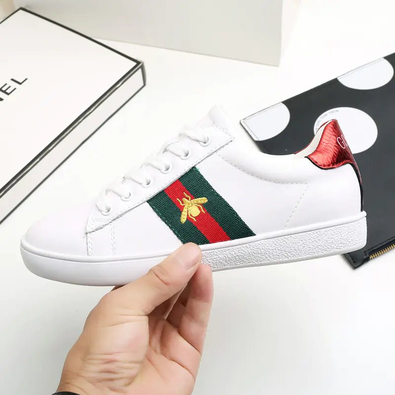 Genuine Leather White Sneakers with Bee Embroidery - Dakdouksson