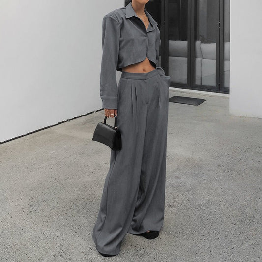 Gray, Long Sleeve Shirt High Waist Slimming Suit Wide Leg Pants - Dakdouksson