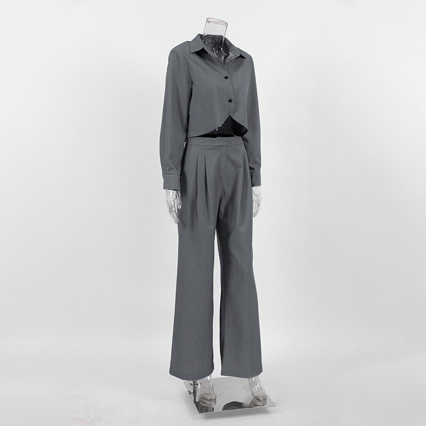 Gray, Long Sleeve Shirt High Waist Slimming Suit Wide Leg Pants - Dakdouksson