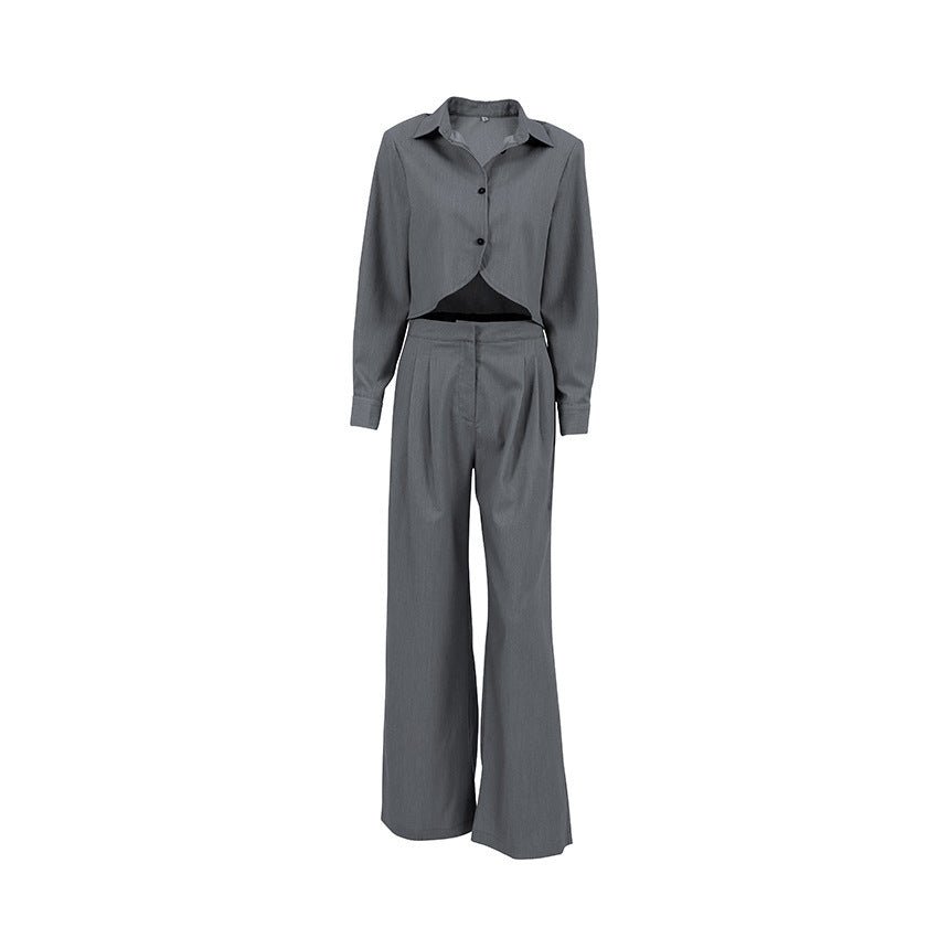 Gray, Long Sleeve Shirt High Waist Slimming Suit Wide Leg Pants - Dakdouksson