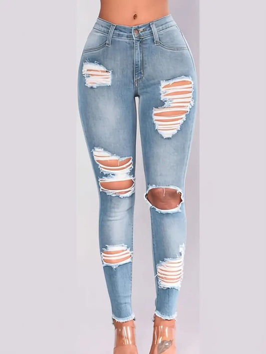 High Rise Distressed Asymmetrical Ripped Skinny Jeans - Dakdouksson