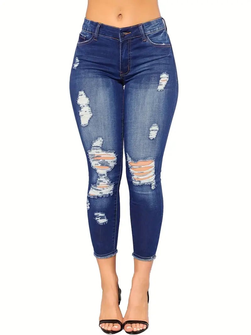 High Rise Distressed Capri Skinny Jeans for Women - Dakdouksson