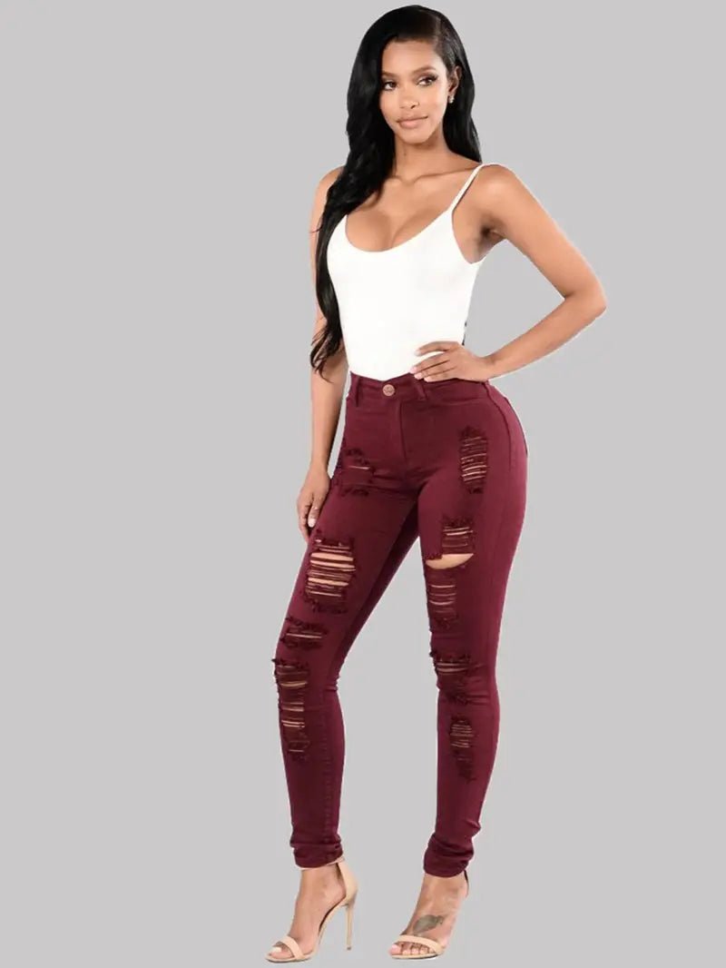 High - Rise Distressed Skinny Jeans in Burgundy & Olive - Dakdouksson