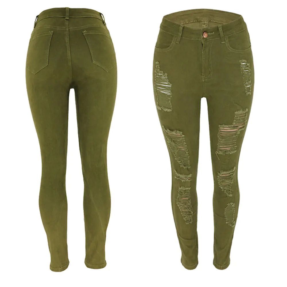 High - Rise Distressed Skinny Jeans in Burgundy & Olive - Dakdouksson