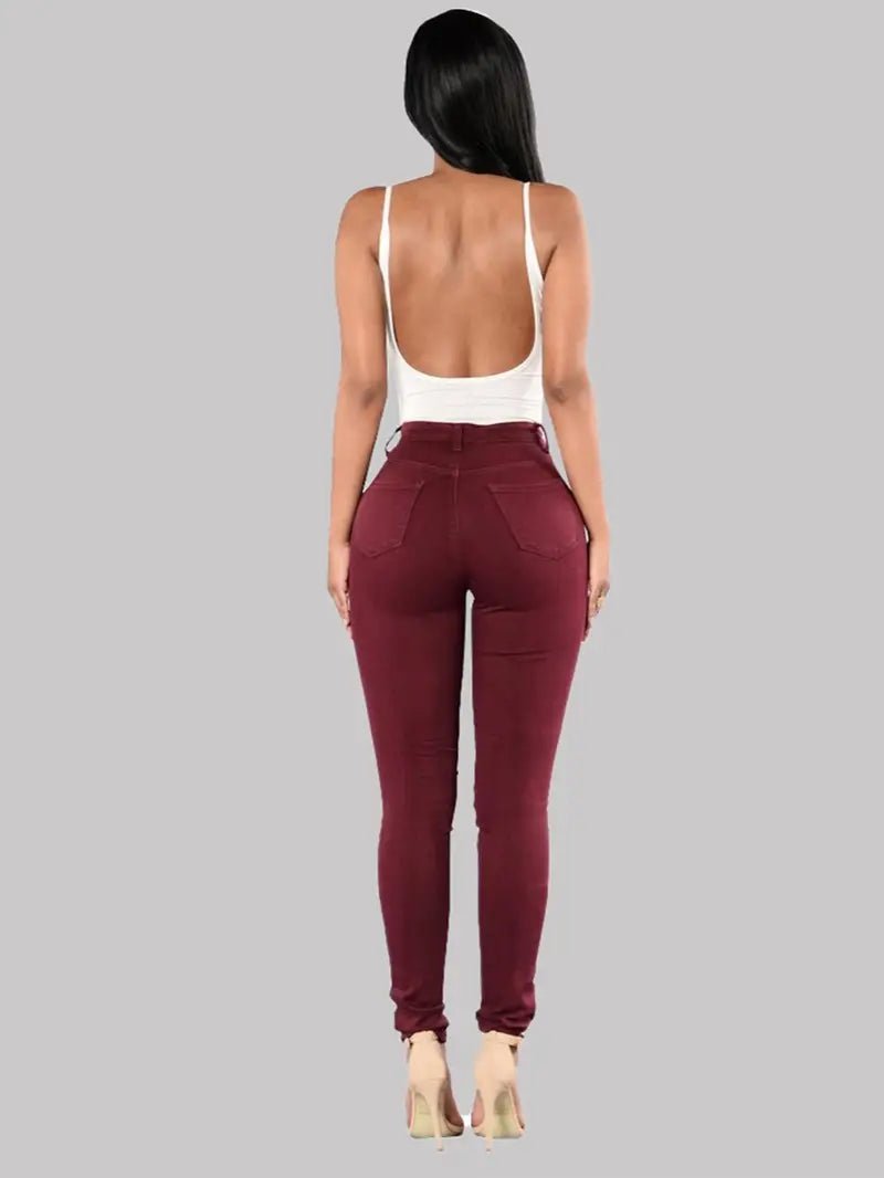 High - Rise Distressed Skinny Jeans in Burgundy & Olive - Dakdouksson