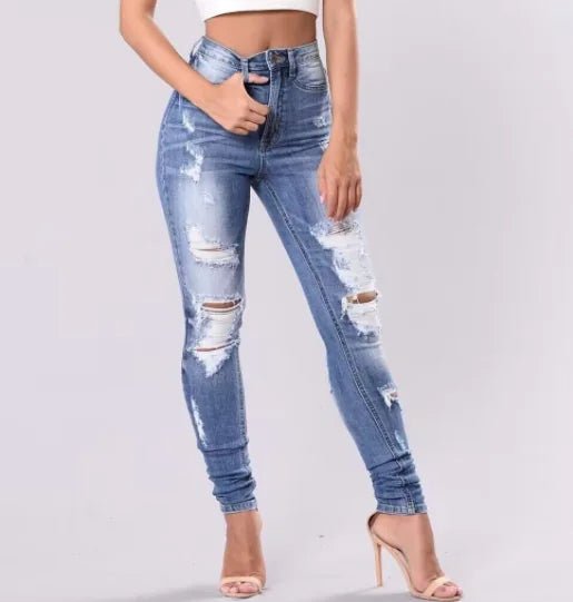 High Rise Distressed Skinny Jeans with Plicated Hem - Dakdouksson