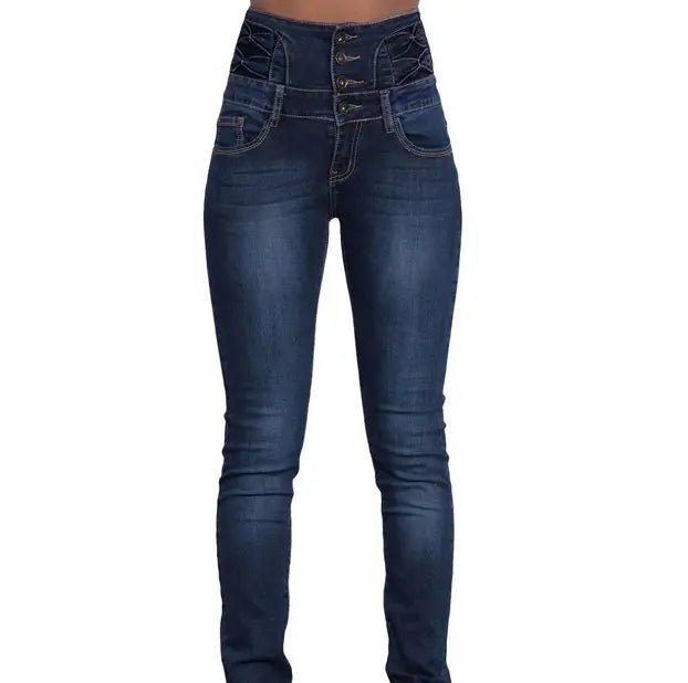 High Waist Dark Blue Skinny Jeans with Slash Pockets - Dakdouksson