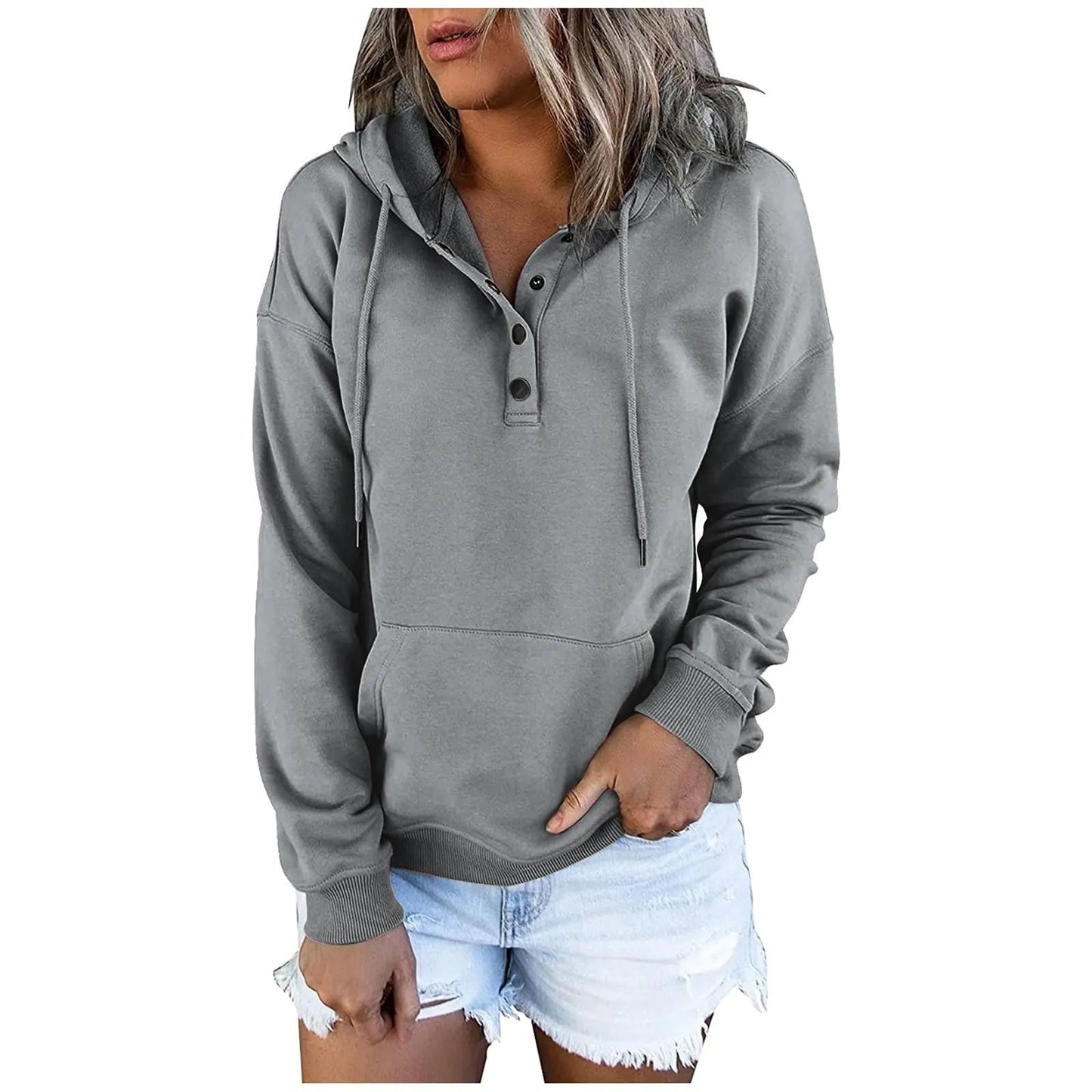 Hoodies for Women Button Collar Drawstring Lightweight Hooded Sweatshirt Casual Long Sleeve Oversized Comfort Hoodies Anxiety Pullover Tops Fashion 2024 Fall Clothes Teen Girls Streetwear C - Gray M - Dakdouksson